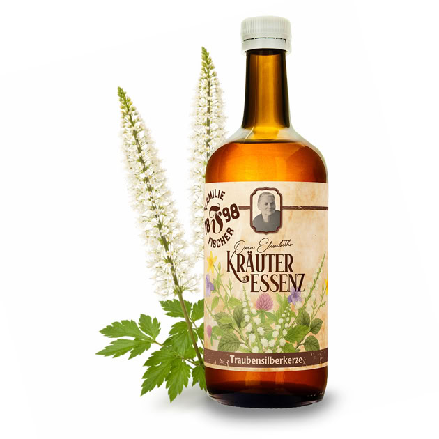 Braune Glasflasche mit Etikett "Kräuter Essenz" neben weißen Blüten und grünen Blättern.