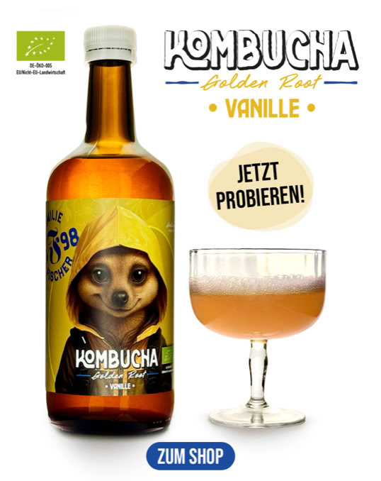 Eine Flasche Kombucha mit einem Etikett, das ein Tier in gelbem Regenmantel zeigt, daneben ein gefülltes Glas. Text: "Kombucha Vanille" und "Jetzt probieren!".