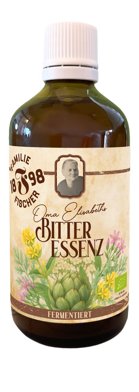 Braune Glasflasche mit weißem Schraubverschluss und Etikett mit grünen und weißen Elementen sowie Blumenmotiven.