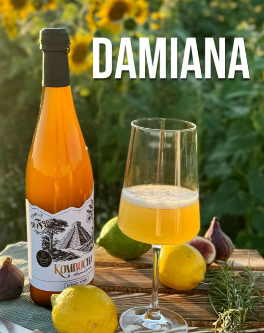 Flasche und Glas mit gelbem Getränk auf einem Tisch, umgeben von Zitronen, Feigen und Sonnenblumen im Hintergrund.