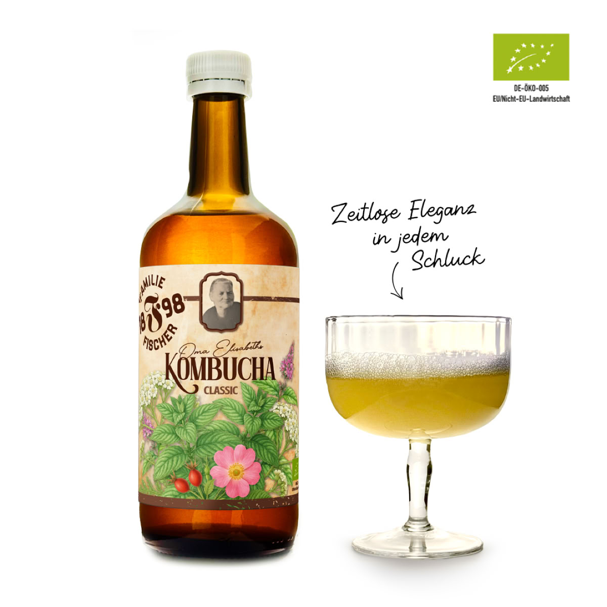 Braune Flasche mit Etikett "Kombucha Classic" neben einem gefüllten Glas; oben rechts ein Bio-Siegel.