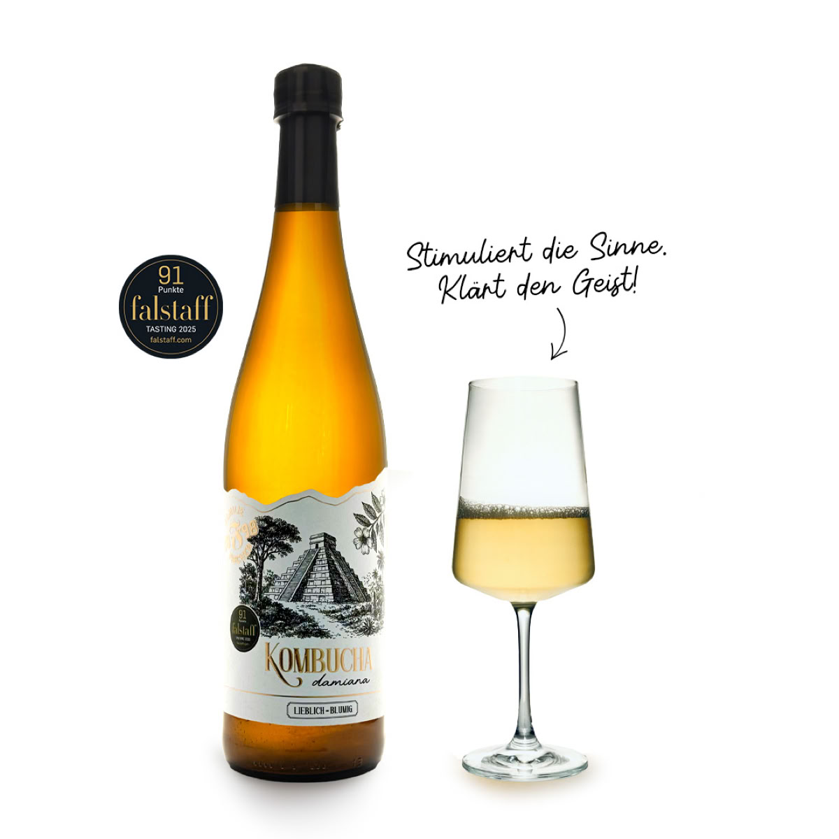 Eine Kombuchaflasche und ein gefülltes Glas, daneben ein handgeschriebener Text.