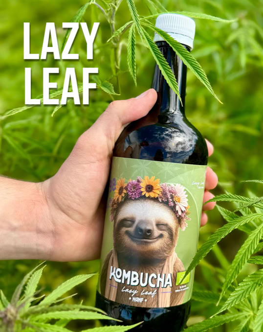 Hand hält eine Flasche mit einem Etikett, das ein Faultier mit Blumenkranz zeigt, umgeben von grünen Blättern; der Text "LAZY LEAF" ist sichtbar.
