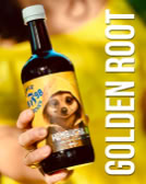 Eine Hand hält eine Flasche Kombucha mit einem Etikett, das ein Tier zeigt. Daneben steht der Text "GOLDEN ROOT".