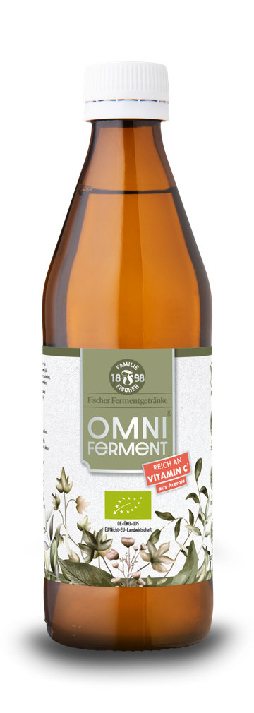 Braune Glasflasche mit weißem Schraubverschluss und Etikett mit grünen und weißen Elementen sowie Blumenmotiven.