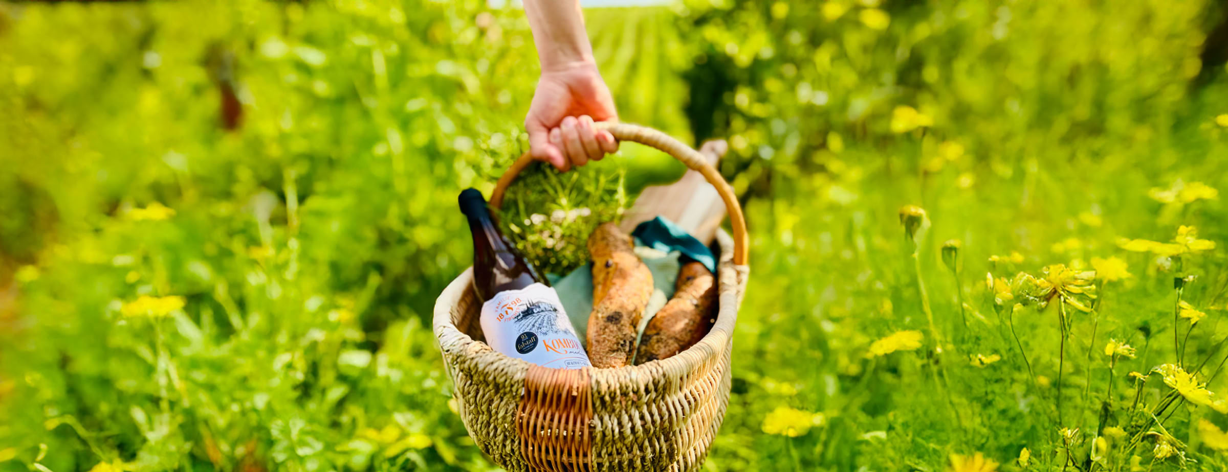 Ein Korb mit zwei Kaninchen, die von einer Hand gehalten werden, umgeben von grüner Wiese und gelben Blumen.
