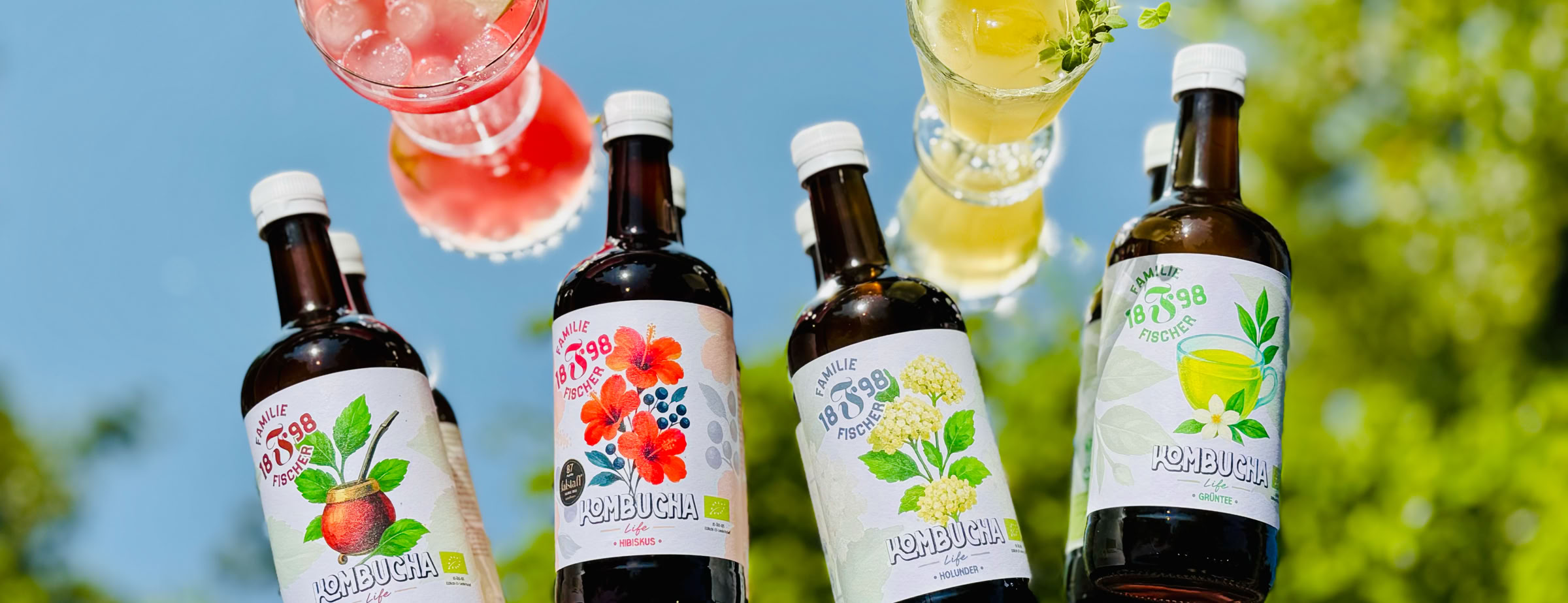 Fünf Flaschen Kombucha und drei bunte Getränke in Gläsern vor einem verschwommenen Hintergrund mit Bäumen und blauem Himmel.