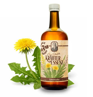 Braune Flasche mit Etikett "Kräuter Essenz", daneben grüne Blätter und Kätzchen.