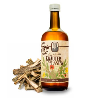 Braune Flasche mit Etikett "Kräuter Essenz", daneben grüne Blätter und Kätzchen.