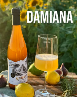 Eine Flasche und ein Glas mit gelbem Getränk auf einem Tisch, umgeben von Zitronen, Feigen und Kräutern, mit Sonnenblumen im Hintergrund. Text "DAMIANA" oben.