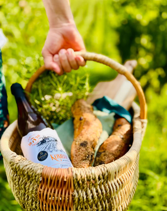 Ein Korb mit einer Flasche, zwei Baguettes und einem Tuch, gehalten von einer Hand, im Freien mit grünem Hintergrund.