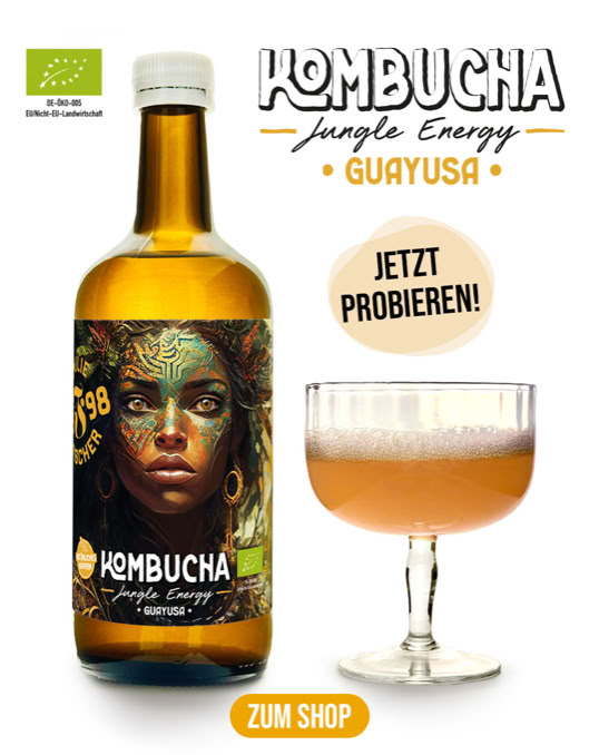 Eine Flasche Kombucha mit einem Etikett, das ein Gesicht zeigt, daneben ein gefülltes Glas. Oben steht "Kombucha Jungle Energy Guayusa", daneben ein Kreis mit der Aufschrift "Jetzt probieren!". Unten ein Button mit "Zum Shop".